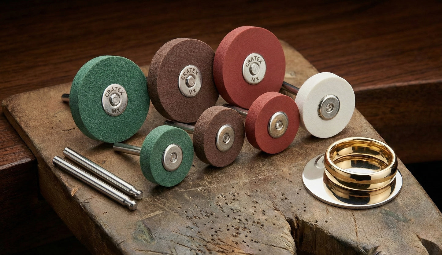 Precious Metal Polish Kit - Cratex wheels in 4 grit grades with polished gold ring